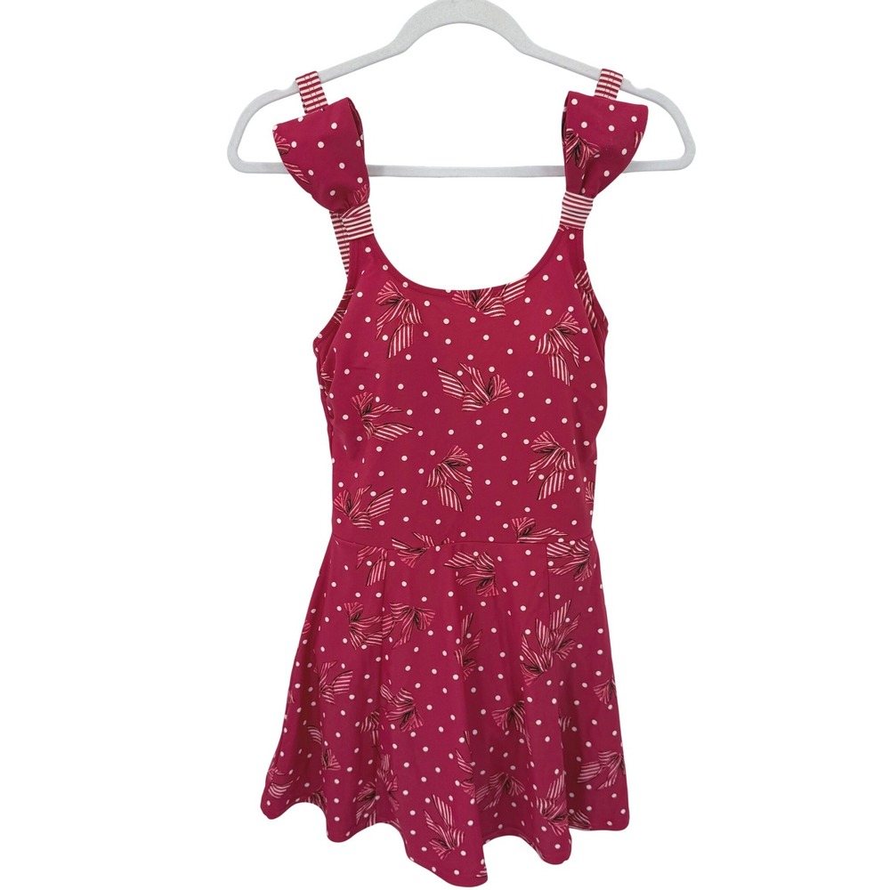 Triumph Red Polka Dot Bow Print Swim Dress One Piece Swimsuit Size L Retro Pinup